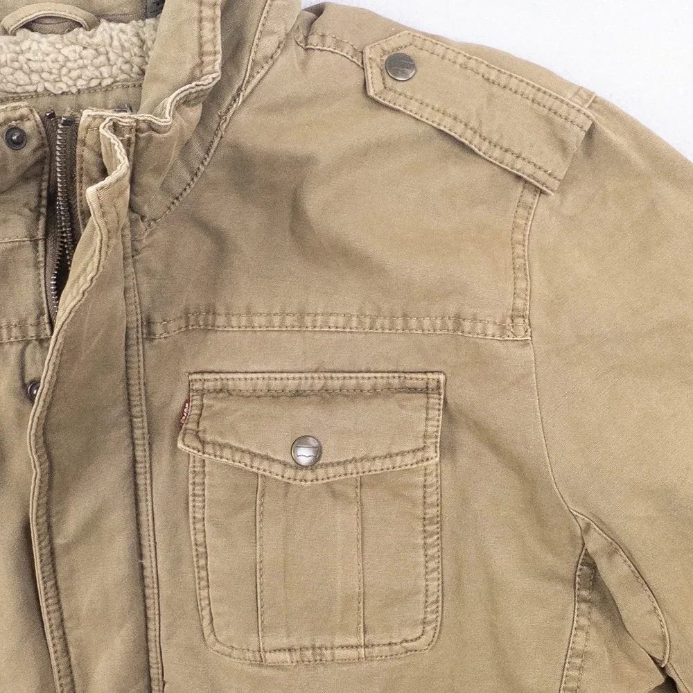 Levis Mens XL Sherpa Lined Field Jacket Tan Cotton Military Utility Coat - Picture 10 of 12